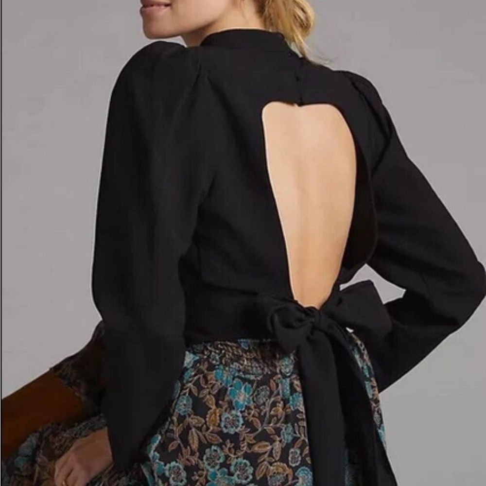 Maeve by Anthropologie Open-Back Blouse Top Bow Tie Back Black